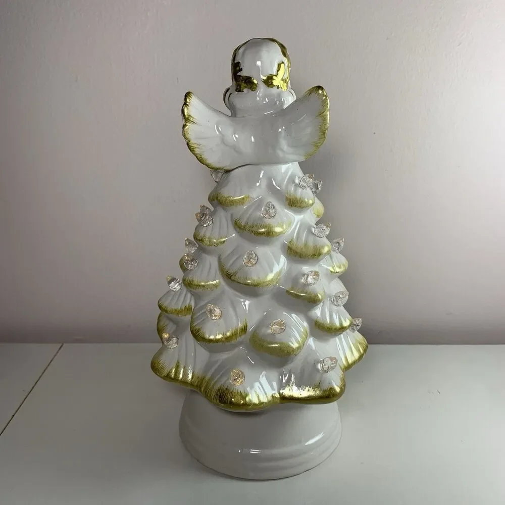 Mr. Christmas Ceramic Angel Tree Tabletop Decor W/Timer White/Gold 8.5” Holiday